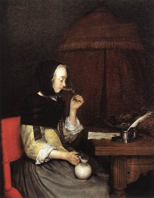 TERBORCH, Gerard Woman Drinking Winen 5r